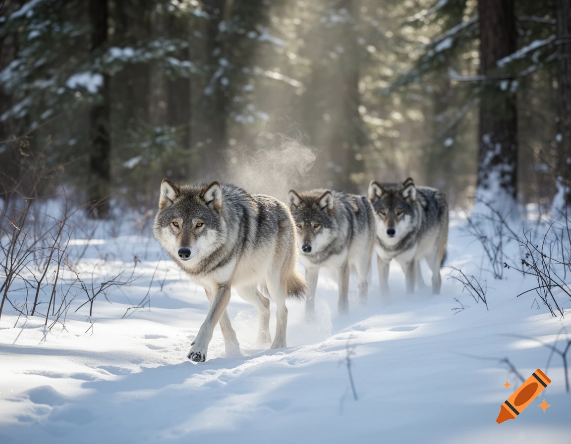 Three photorealistic wolves walk through deep snow in a sunlit winter forest.