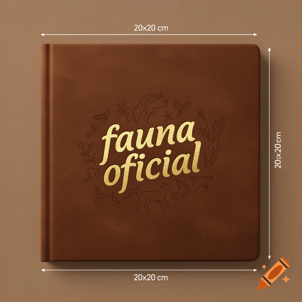 A brown book cover with 'fauna oficial' in gold cursive text, surrounded by faint golden outline illustrations of animals and leaves.
