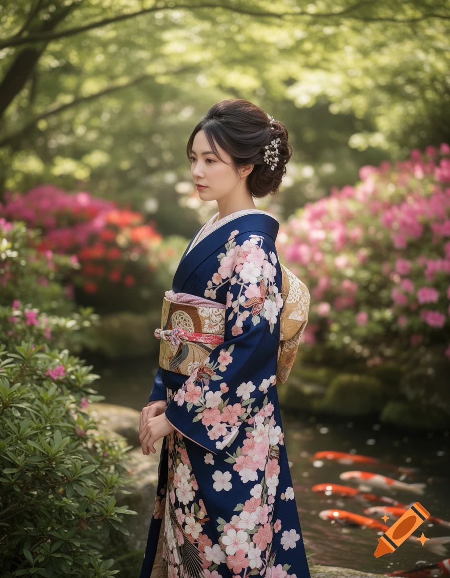 Photorealistic image of a woman in a blue kimono with cherry blossom patterns, standing in a Japanese garden with koi fish.