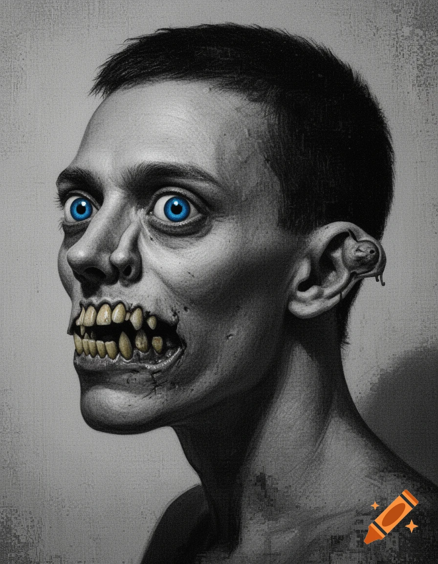 A monochrome portrait of a grotesque, emaciated figure with bright blue eyes, sharp yellow teeth, and a malformed ear.