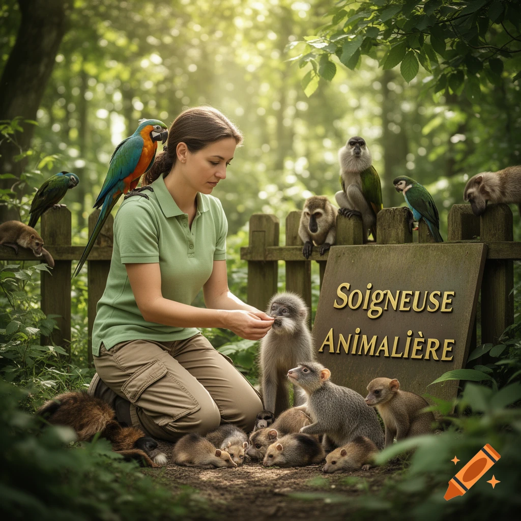 A woman kneels in a sunlit forest, feeding small animals while surrounded by monkeys, parrots, and other wildlife.