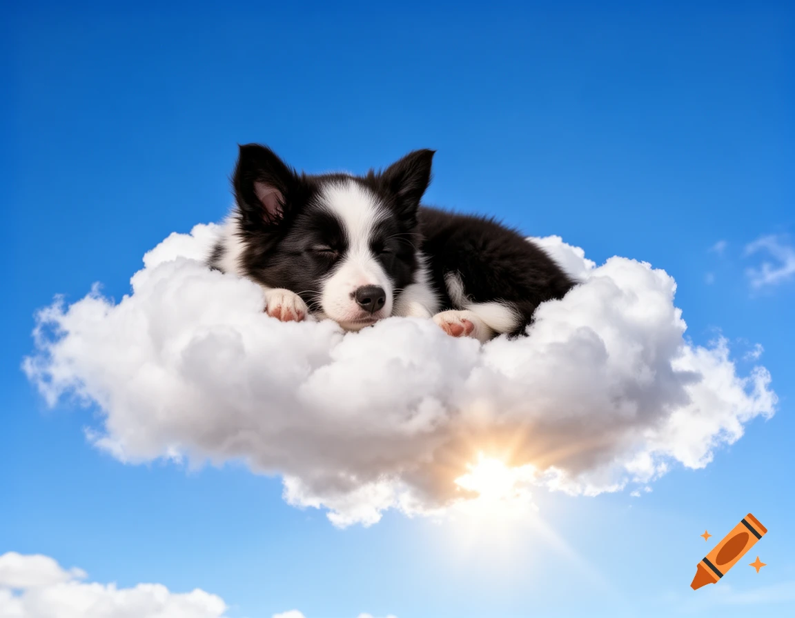 A black and white border collie puppy sleeps peacefully on a fluffy white cloud against a bright blue sky with a sun flare.