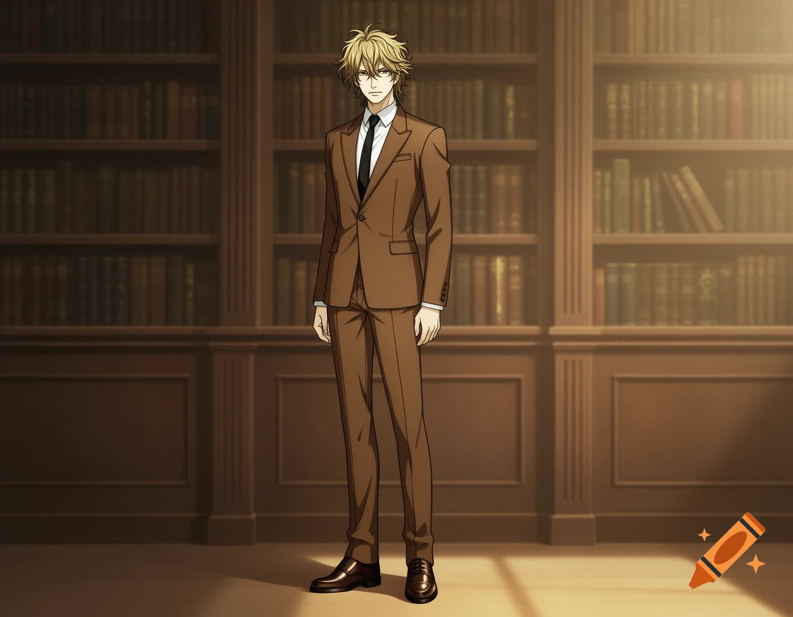 Anime man with dirty blonde hair in a brown suit standing in a library.