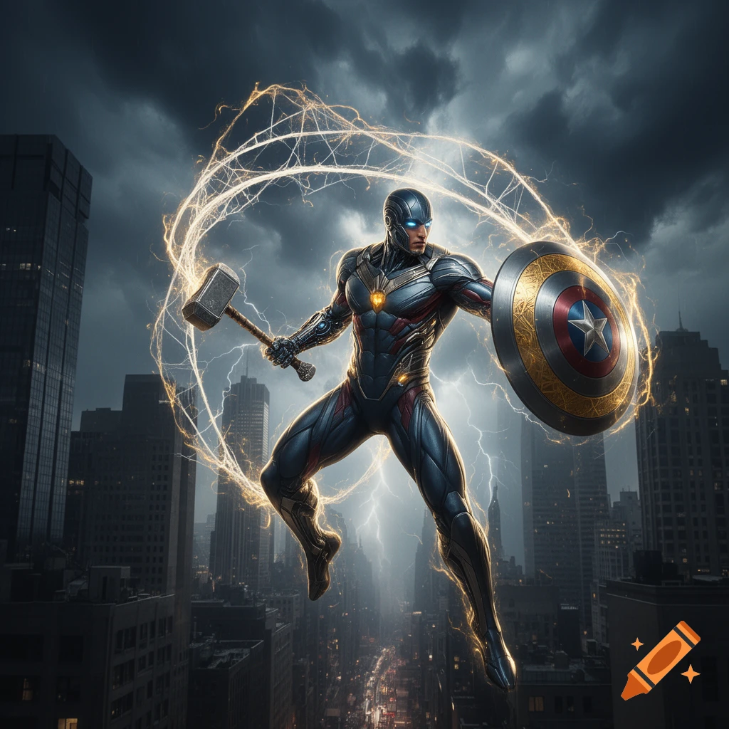 A superhero with a hammer and a Captain America-style shield, surrounded by lightning, leaps over a futuristic city under a stormy sky.