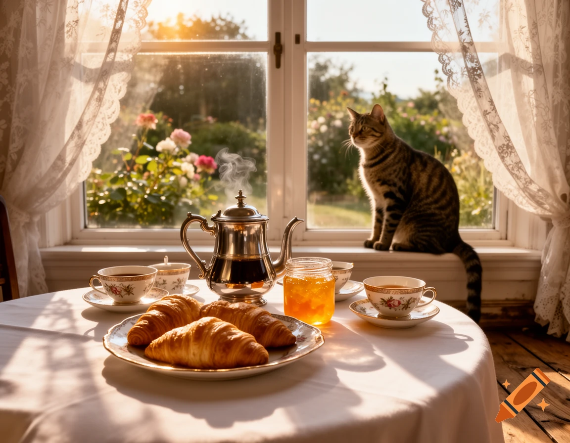 A tabby cat sits on a sunlit window sill next to a breakfast table with croissants, tea, and jam, overlooking a garden.