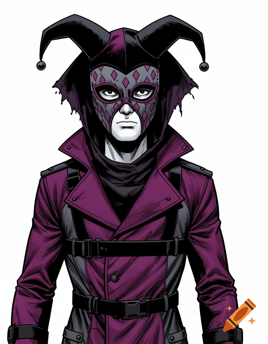 A comic book style portrait of 'The Jester' in a purple trench coat, jester hat, and diamond-patterned mask.