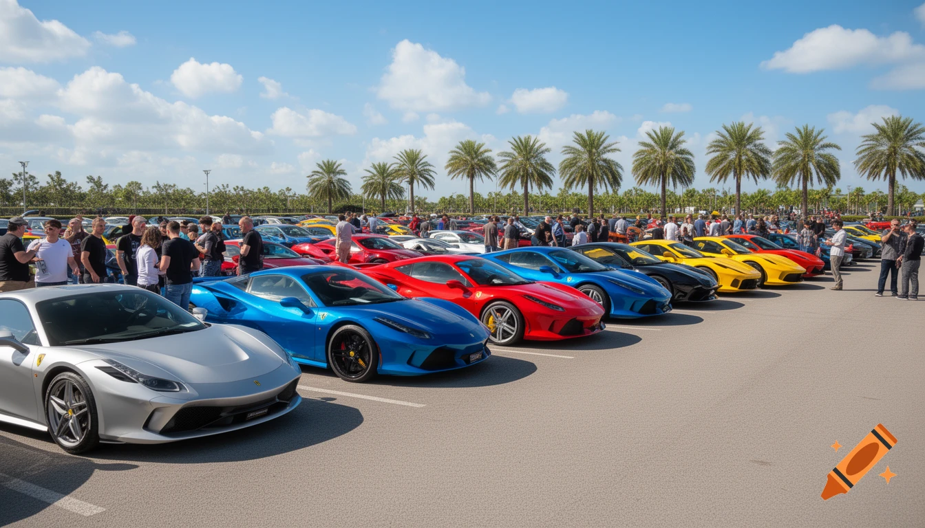 A vibrant outdoor car meet with rows of various colorful exotic sports cars, including silver, blue, red, and yellow models, under a clear sky with palm trees and many spectators.