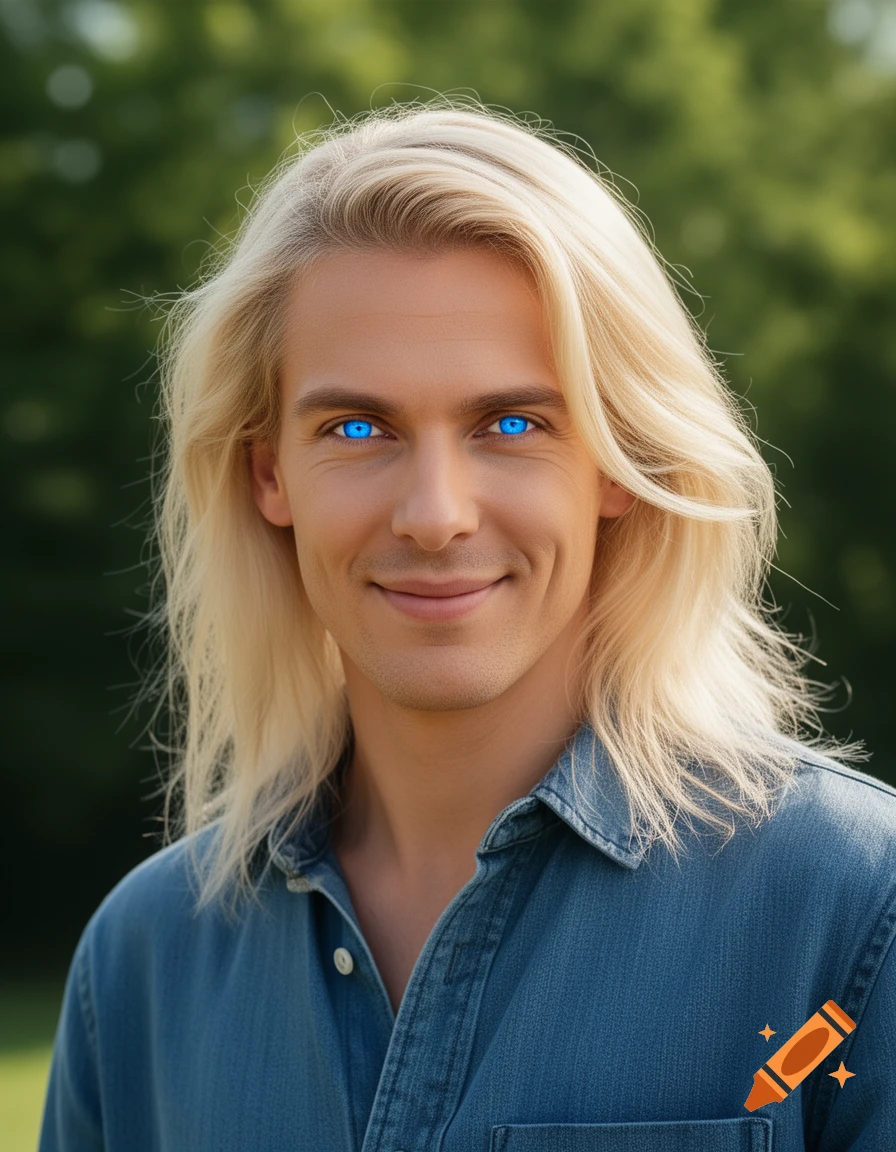 Photorealistic portrait of a smiling man with long blonde hair and vivid blue eyes, wearing a denim shirt against a blurred green background.