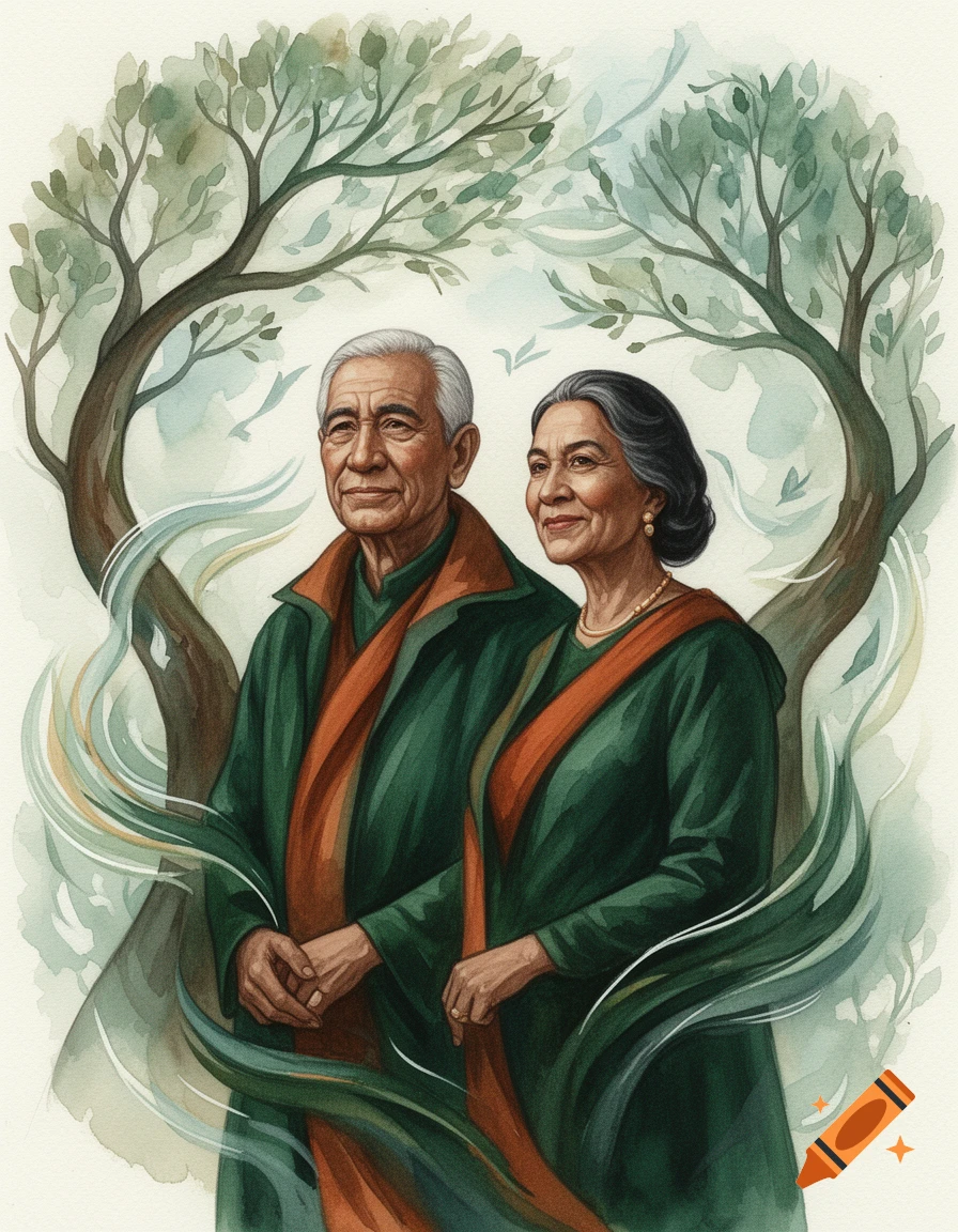 Artistic watercolor portrait of an elderly Asian couple smiling, standing amidst intertwined tree branches, wearing green robes.