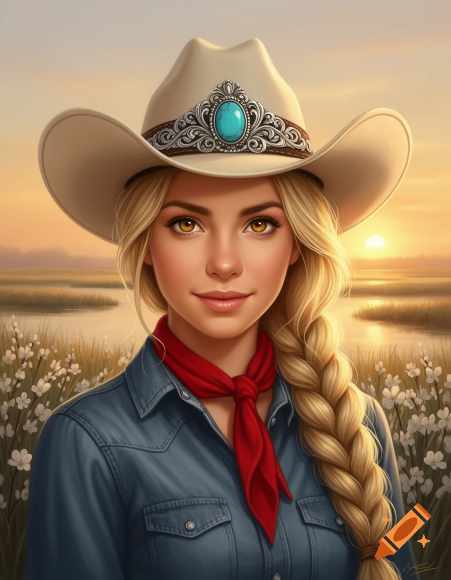 A digital painting of a blonde woman in a cowboy hat and red scarf, standing in a marsh at sunset.