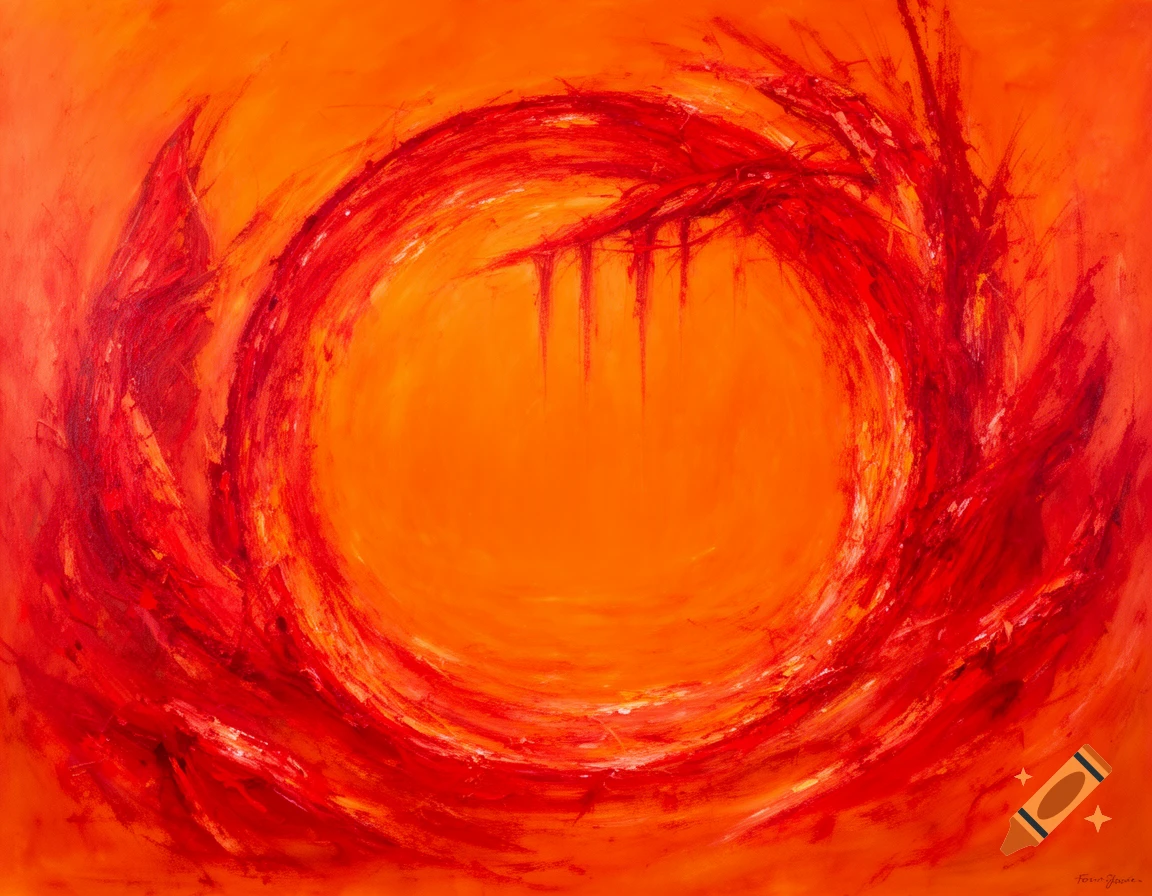 Abstract painting with a vibrant red circular form on an orange background, featuring intense, rough brushstrokes.