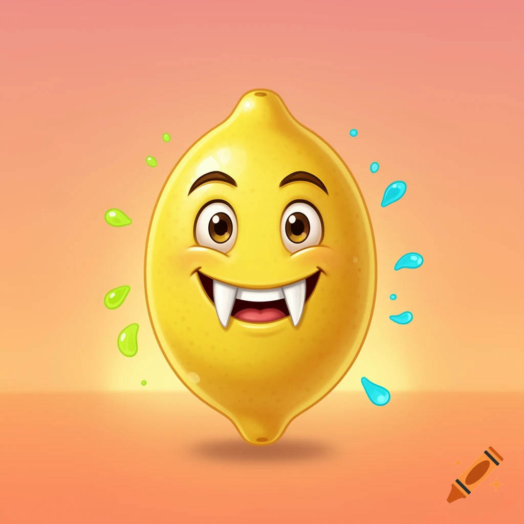 A cartoon lemon character with fangs and a happy face, surrounded by colorful liquid splashes on a gradient background.
