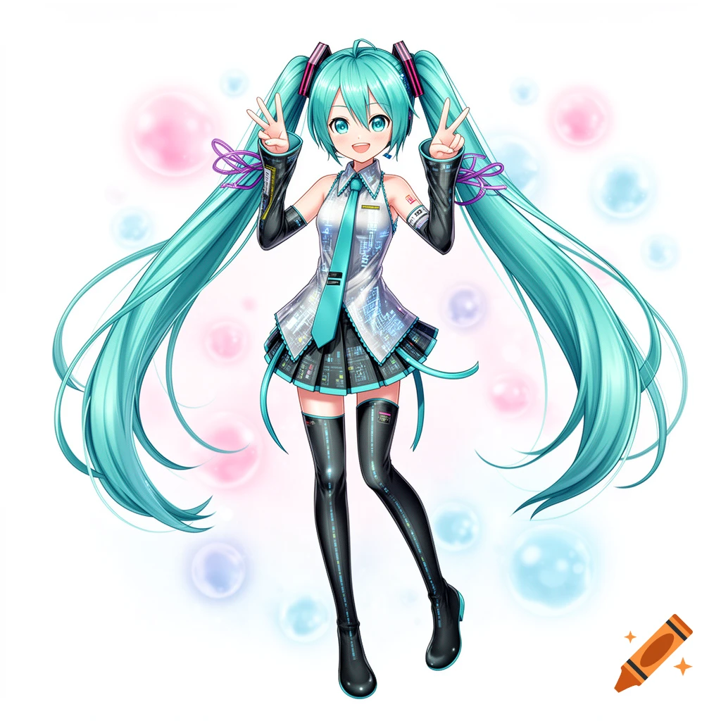 Hatsune Miku, an anime character, smiles and flashes peace signs with both hands, against a bubbly background.