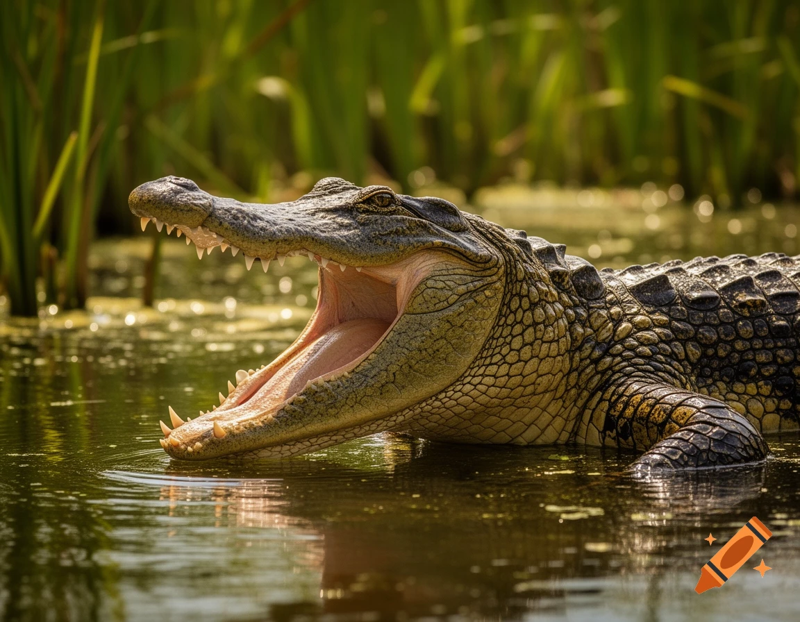 A close-up, photorealistic shot of an alligator with its mouth wide open, partially submerged in murky water with green reeds in the background.