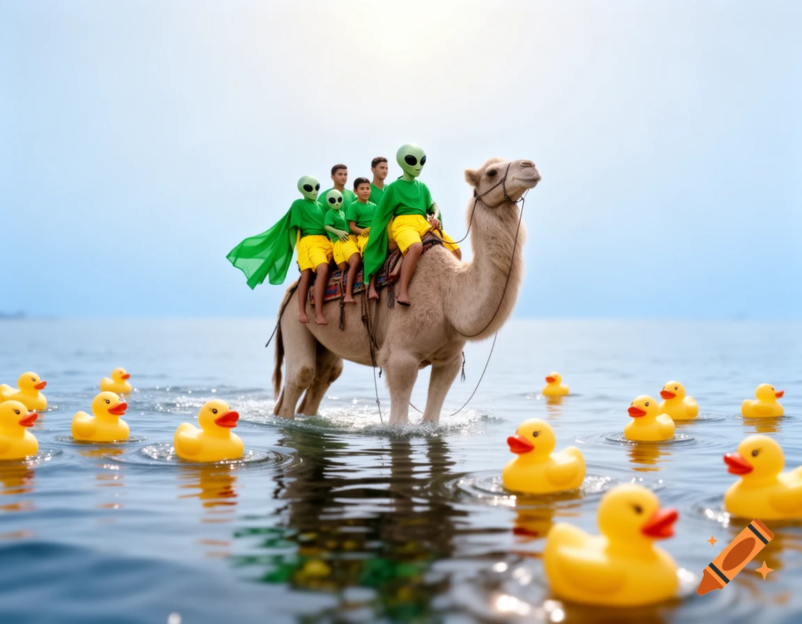 A group of people wearing green alien masks and outfits ride a camel wading in the shallow sea, surrounded by numerous yellow rubber ducks.