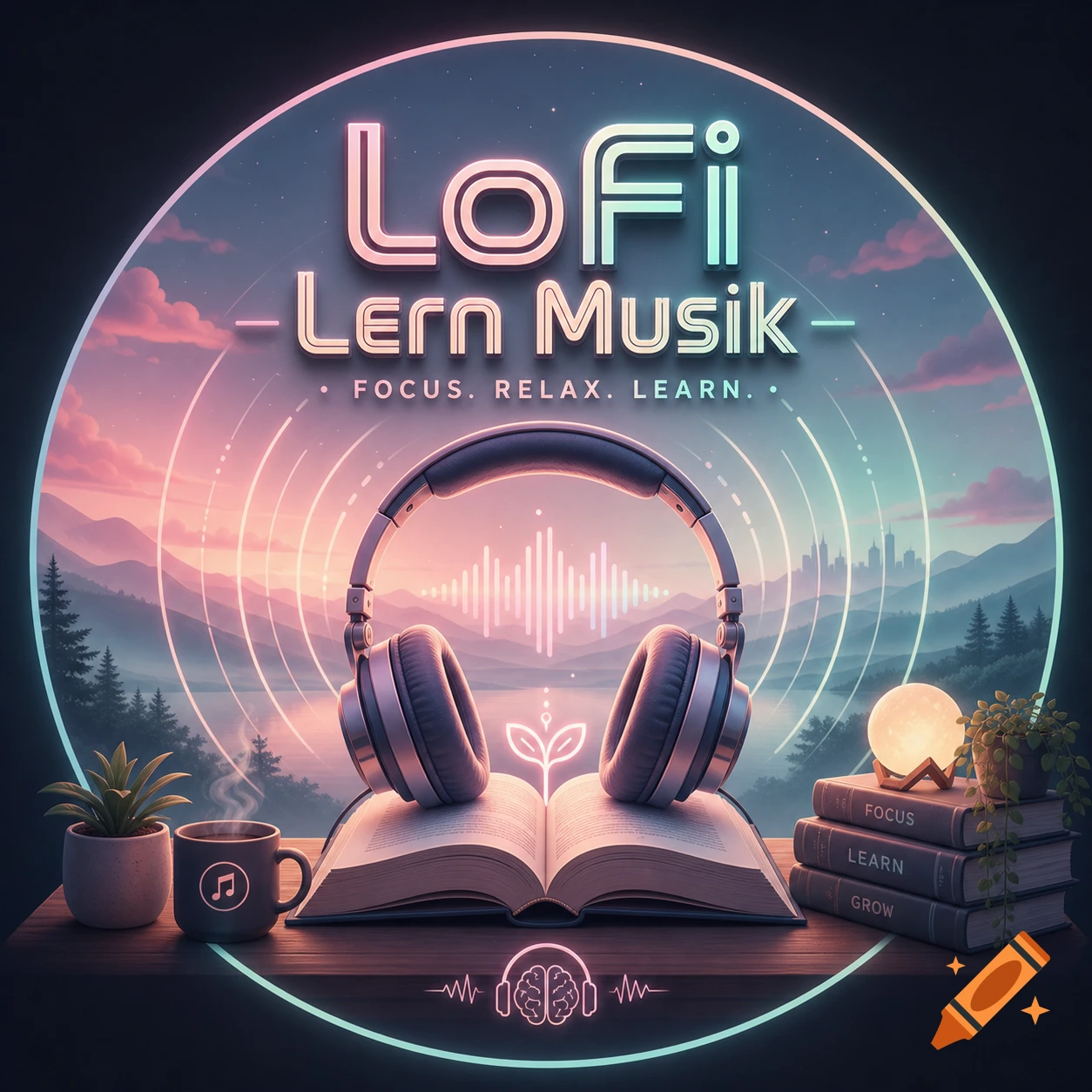 A lofi music logo featuring headphones on an open book, with "LoFi Lern Musik" in neon text and a tranquil landscape background.