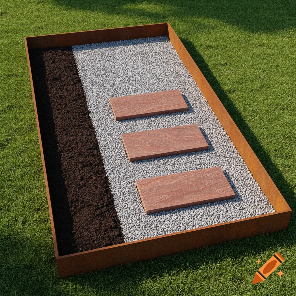 A modern grave plot with a corten steel frame, dark soil, light grey gravel, and three reddish-brown stone pavers on green grass.