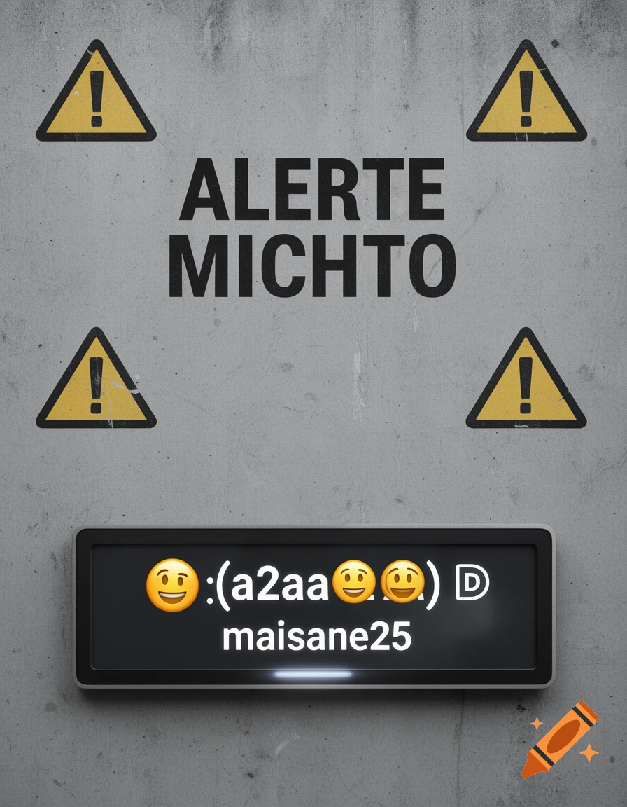 A grey concrete wall with four yellow warning signs and "ALERTE MICHTO" text. A digital display shows emojis and "maisane25".
