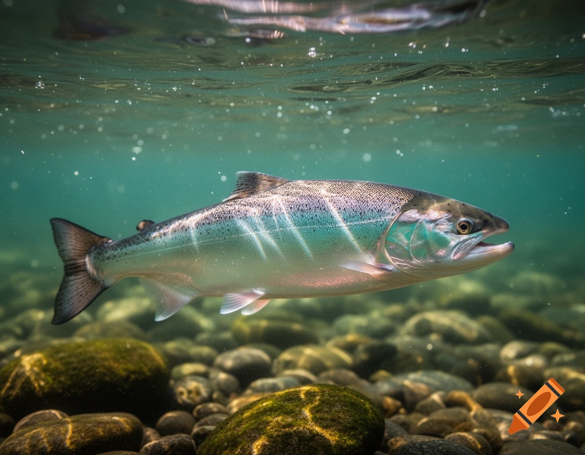 A vibrant salmon swims just below the surface in clear freshwater, with rocks visible on the riverbed.
