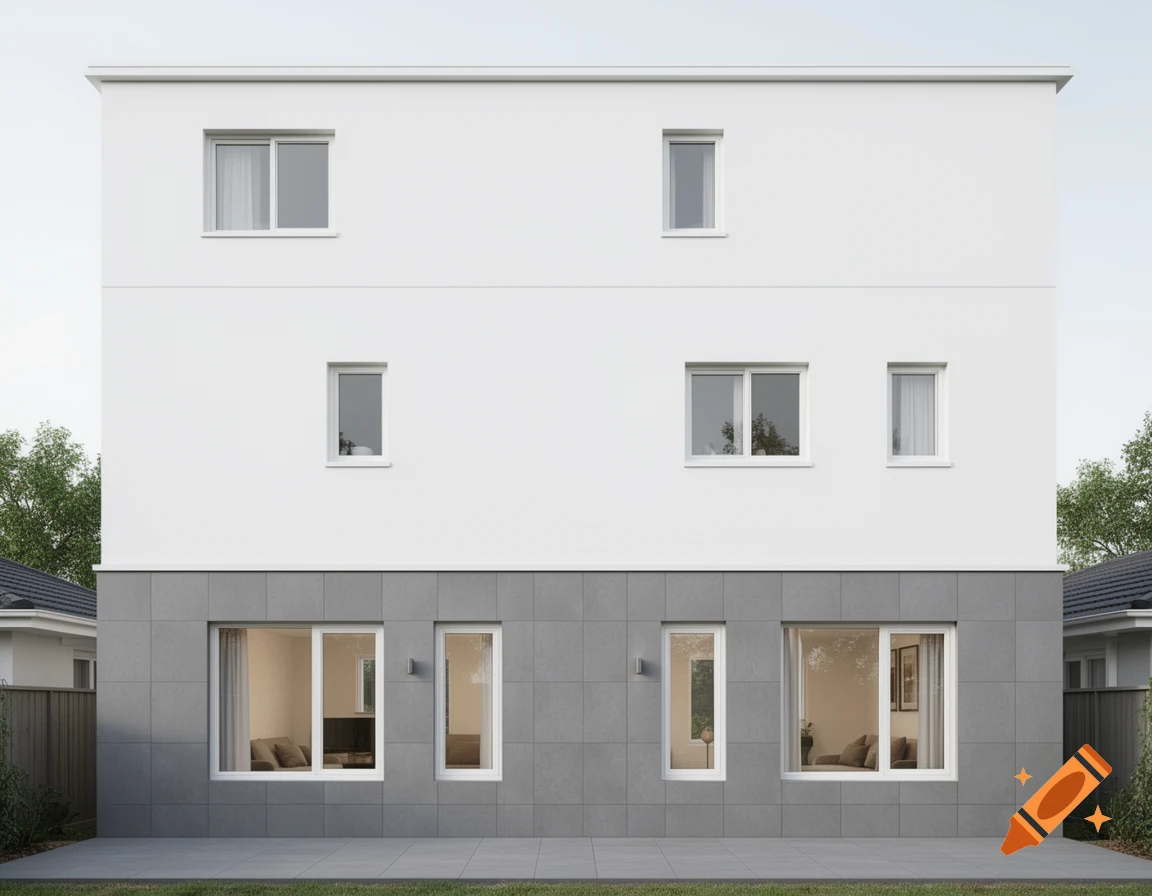 Photorealistic modern three-story building with a white upper facade and a grey tiled lower facade, featuring multiple windows.