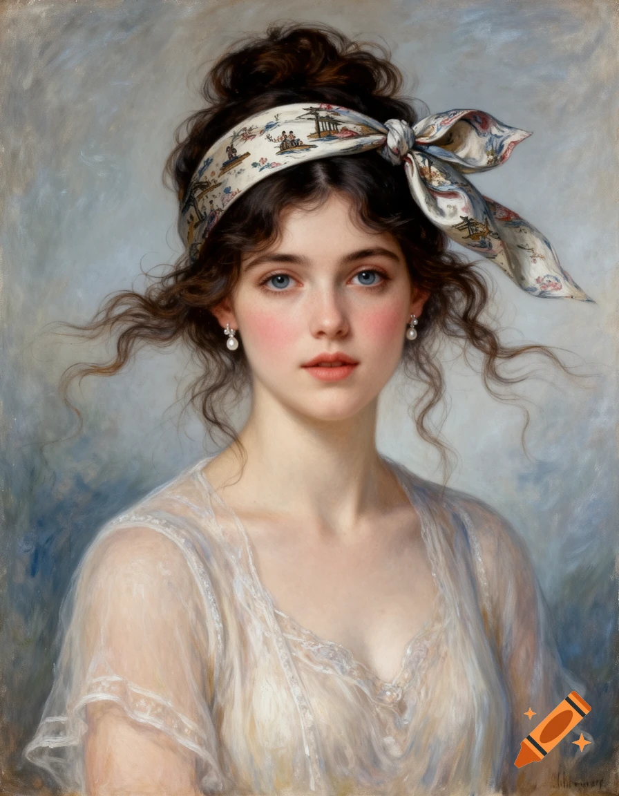 Impressionist painting of a young woman with dark wavy hair, a chinoiserie headband, pearl earrings, and a sheer blouse.