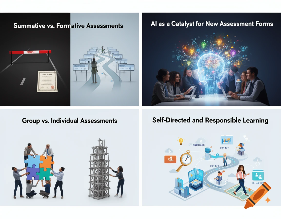 Four panels illustrating educational concepts: summative vs. formative assessments, AI in assessments, group vs. individual work, and self-directed learning.