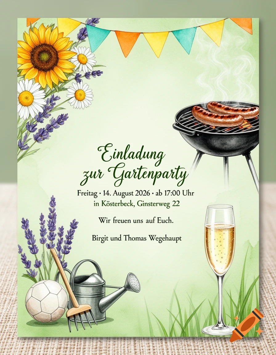 Watercolor invitation card for a garden party, featuring sunflowers, lavender, a grill with sausages, and champagne.