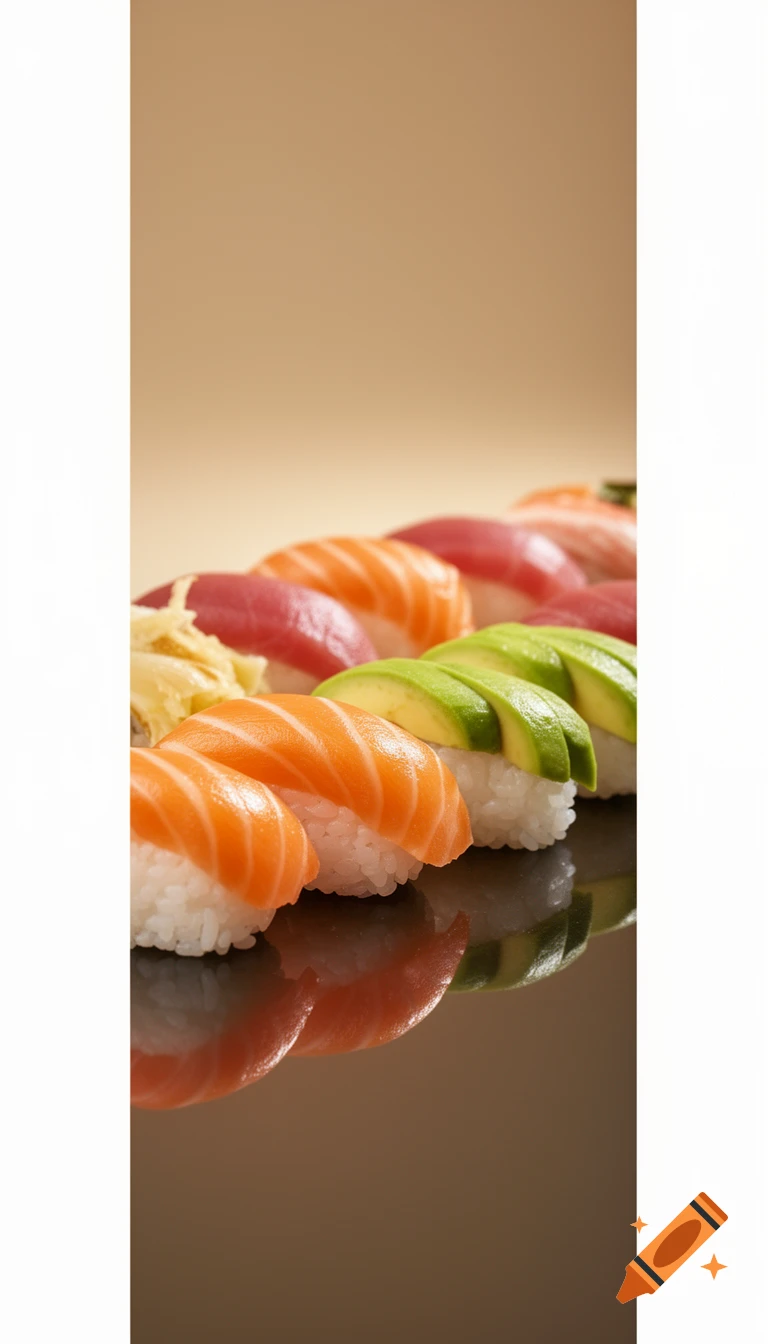 A close-up of various nigiri sushi pieces, including salmon, tuna, and avocado, on a reflective dark surface with a warm background.