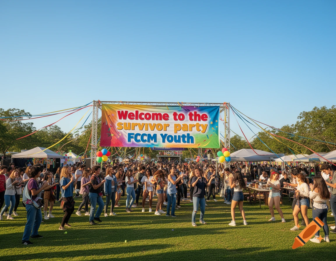 A vibrant outdoor party filled with a large crowd of young people on a grassy field, under a banner reading "Welcome to the survivor party FCCM Youth".
