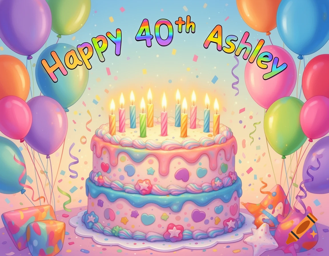 A colorful birthday card featuring a two-tier cake with lit candles, surrounded by festive balloons and confetti, reading "Happy 40th Ashley".