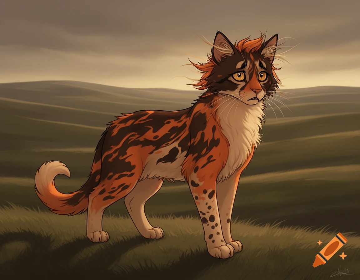 A lean tortoiseshell cat with dark brown and orange patches stands sadly on a grassy moor under a cloudy sky. Digital illustration.