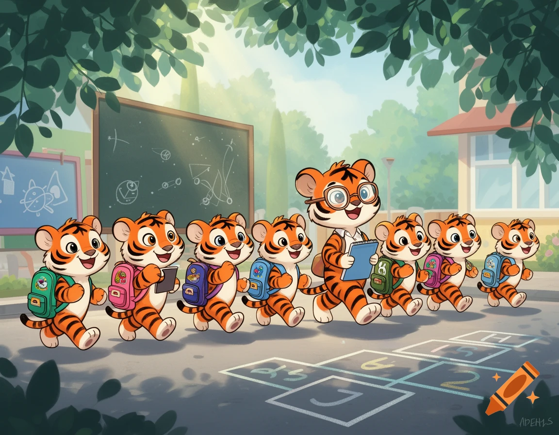 A line of smiling cartoon tiger cubs with colorful school bags walk behind an adult tiger teacher wearing glasses, on a hopscotch court outside a school, in a comic style.