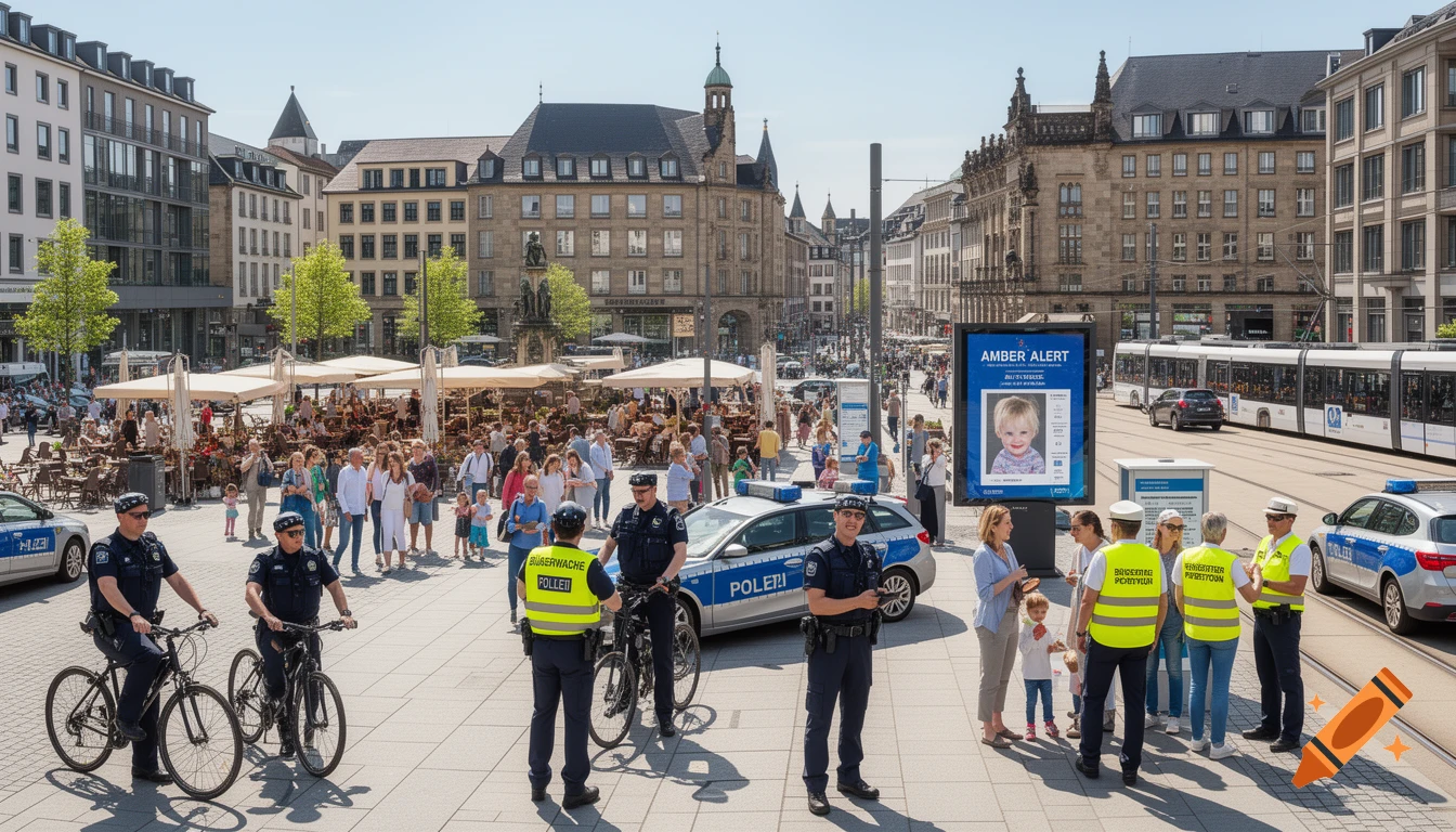 A busy German city square on a sunny day with numerous police officers, patrol cars, and a community watch on patrol, with an Amber Alert on a digital display.