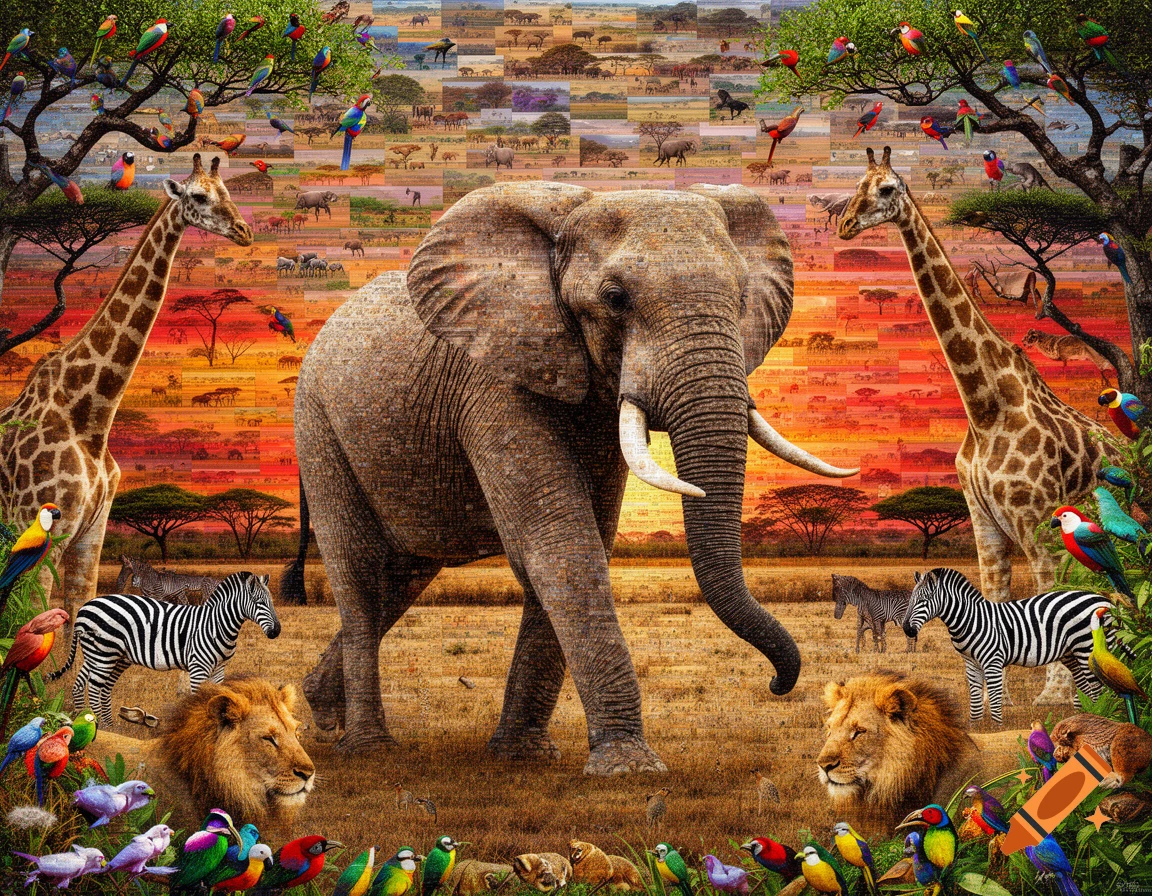 A vibrant mosaic art piece depicts an elephant, two giraffes, zebras, and lions in an African savanna, with many colorful birds.