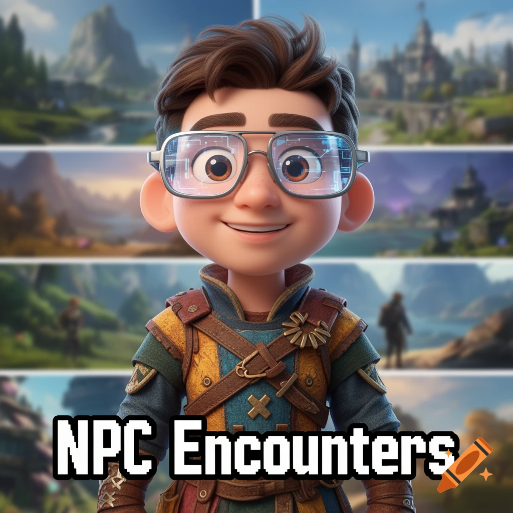 A smiling cartoon boy with tech-overlay glasses stands against blurred fantasy landscapes, with "NPC Encounters" text.