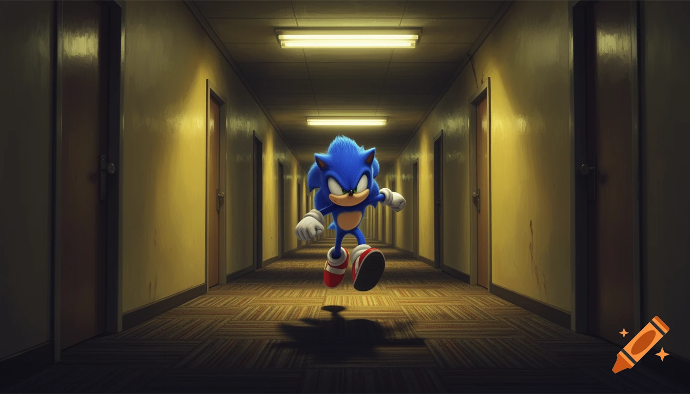 Sonic the Hedgehog runs through a long, dimly lit yellow hallway with many brown doors, resembling the backrooms.
