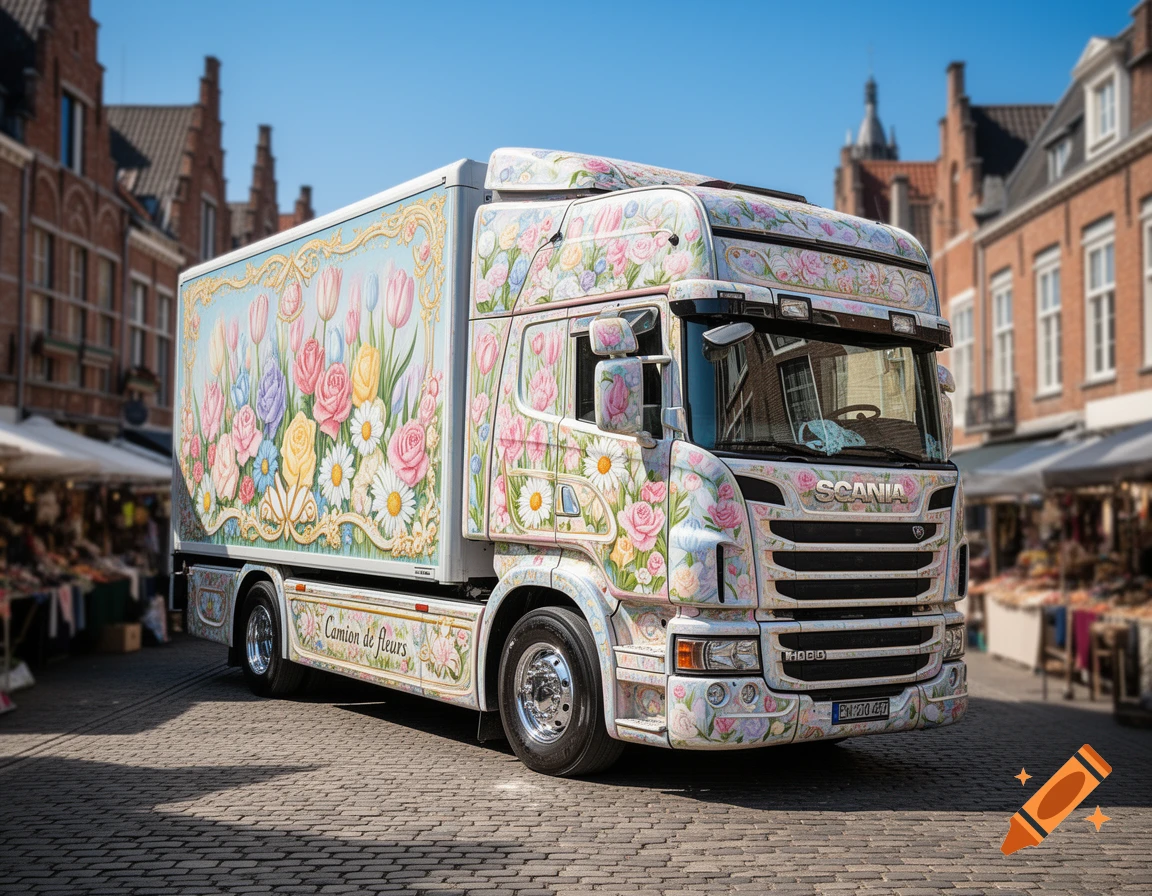 A white and pink truck covered in colorful floral patterns, parked on a cobblestone street in a European town under a clear blue sky.