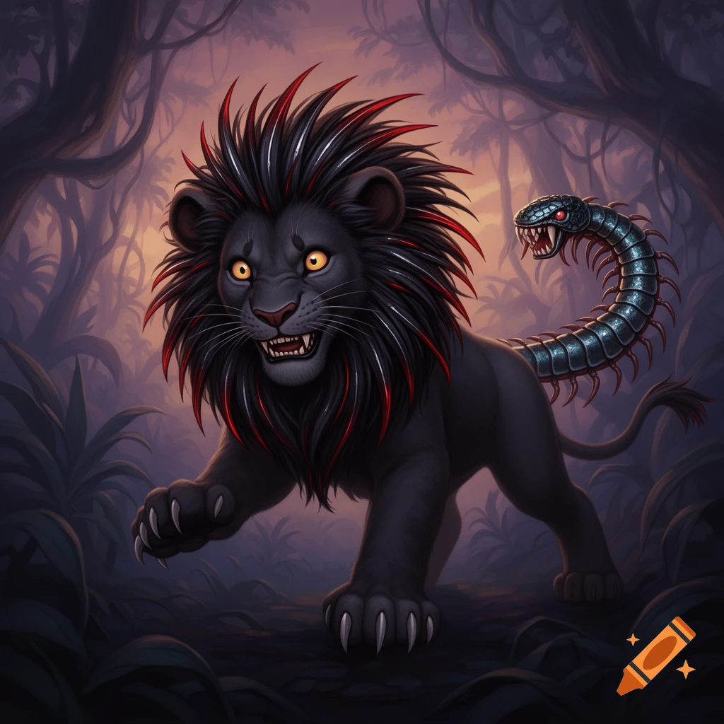 A menacing, dark fantasy lion with a spiky red and black mane, glowing eyes, sharp teeth, and a centipede tail in a dark jungle.