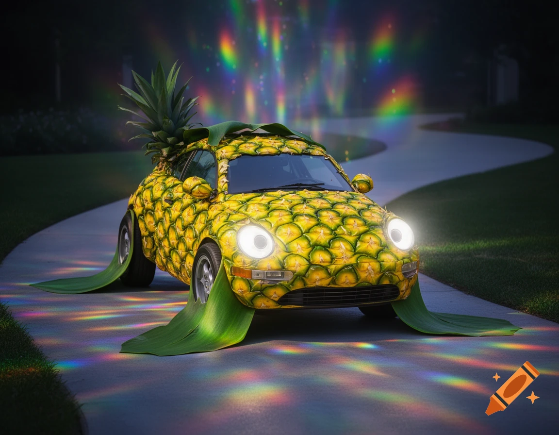 Pineapple-skinned car with green leaves on a dark, winding driveway, illuminated by colorful, rainbow-like reflections.