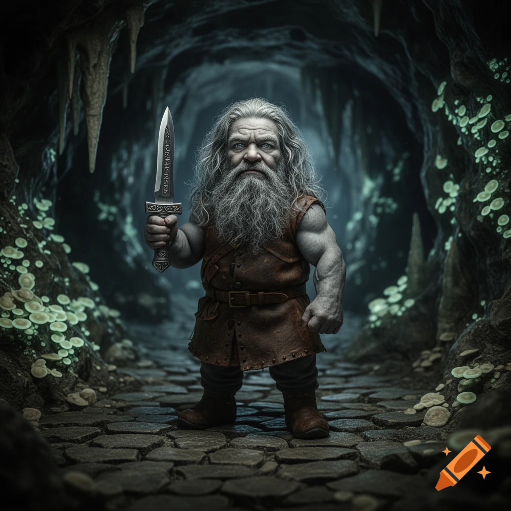 A photorealistic image of a grey-bearded rock gnome in a brown tunic, holding a dagger, standing in a dark, fungi-filled cave.