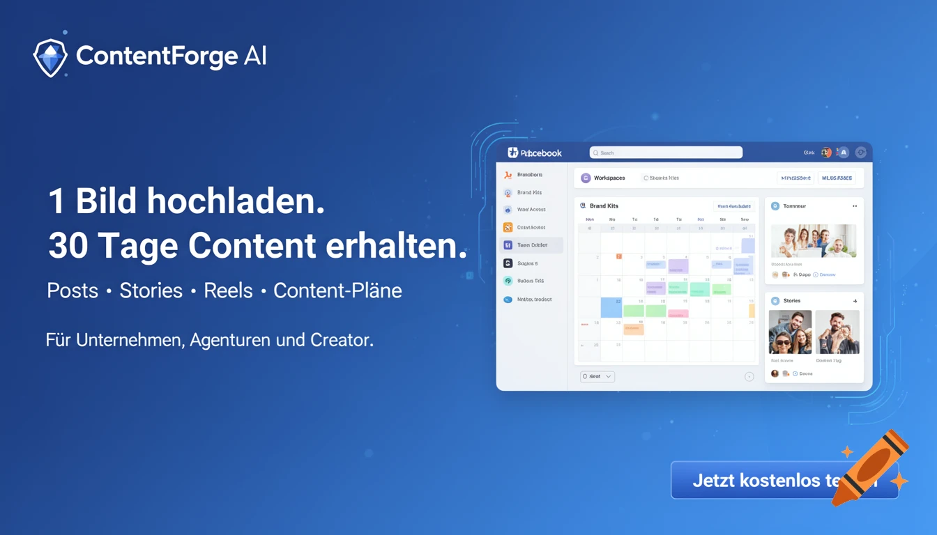 A blue gradient marketing banner for ContentForge AI with German text and a modern SaaS dashboard UI mockup showing a calendar and social media posts.