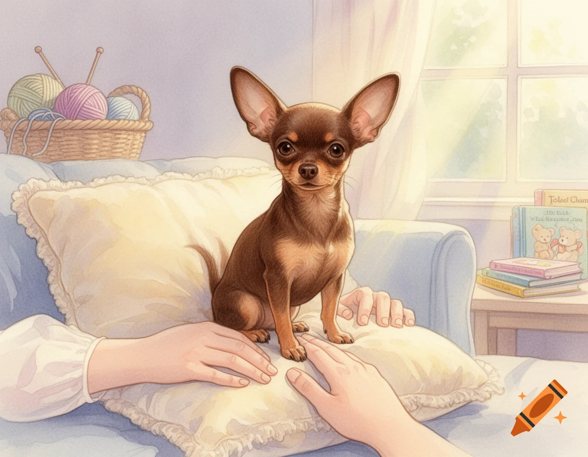 A brown chihuahua with large ears sits upright on a cream pillow on a person's lap, being gently petted by hands in a cozy, sunlit room, watercolor style.