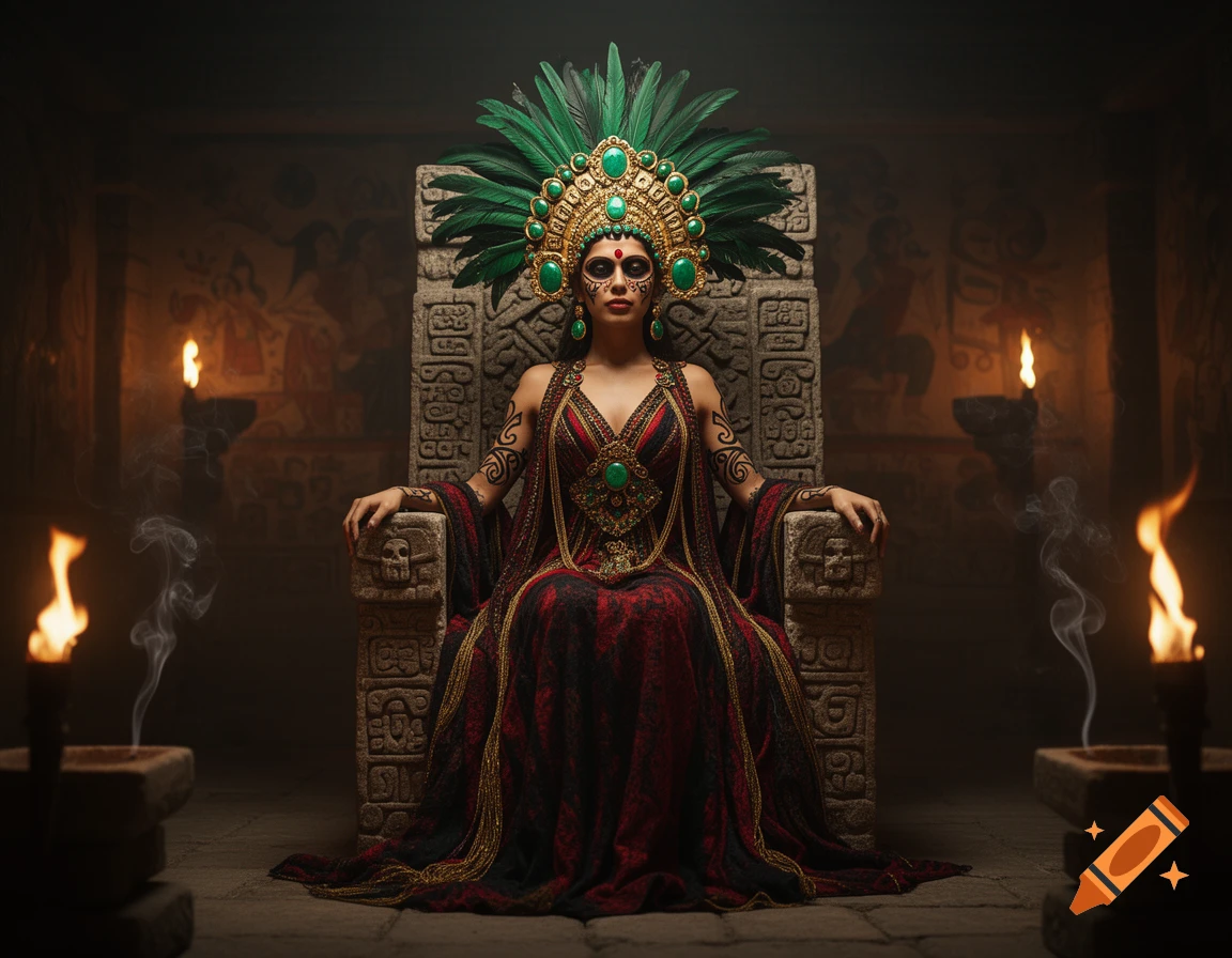 An Aztec goddess in an elaborate green feather headdress and red dress sits on a carved stone throne in a dimly lit temple.