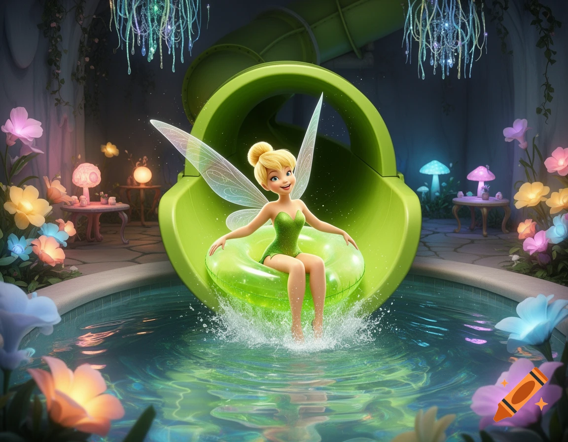 Tinkerbell on a lime-green swim ring, splashing into a pool from a water slide in a vibrant fairy garden room with glowing flowers.