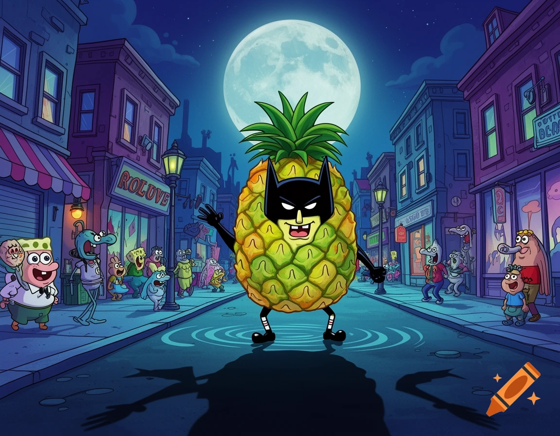 A cartoon pineapple dressed as Batman stands in a city street at night, surrounded by SpongeBob-style characters under a full moon.