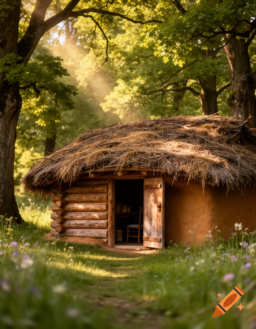 A rustic hut with a thatched roof and log walls stands in a sunlit forest clearing, surrounded by grass and wildflowers.