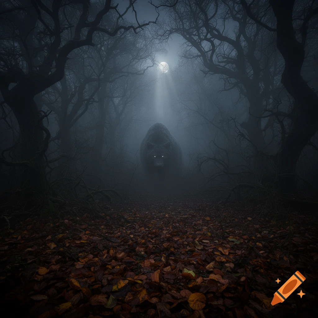 A large, dark beast with glowing eyes emerges from heavy fog in a haunted forest under a full moon, with fallen leaves covering the ground.