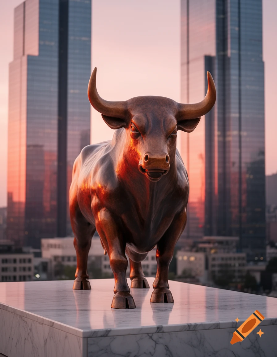 A bronze bull statue stands on a white marble pedestal, with a city skyline and a pink sunset in the background.
