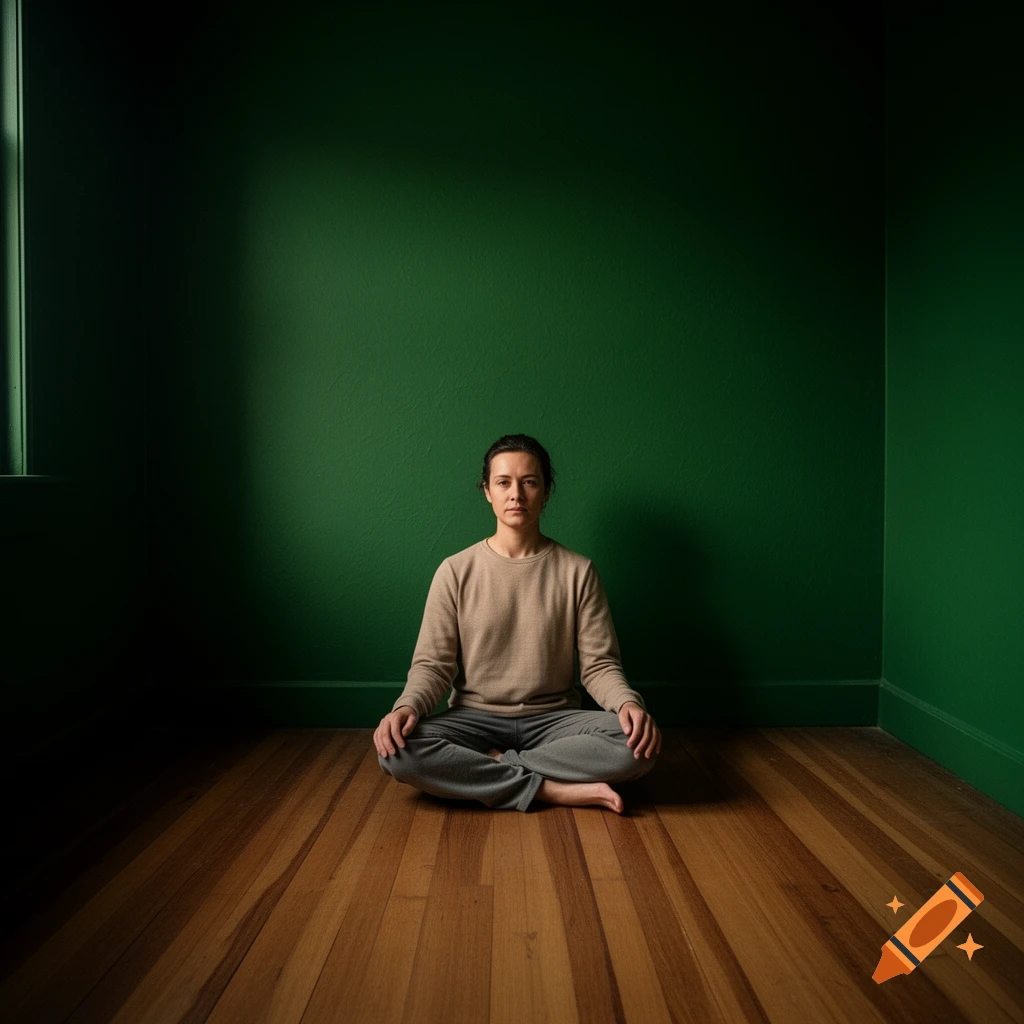 A person sits cross-legged on a wooden floor in a minimalist dark green room, looking directly at the viewer.