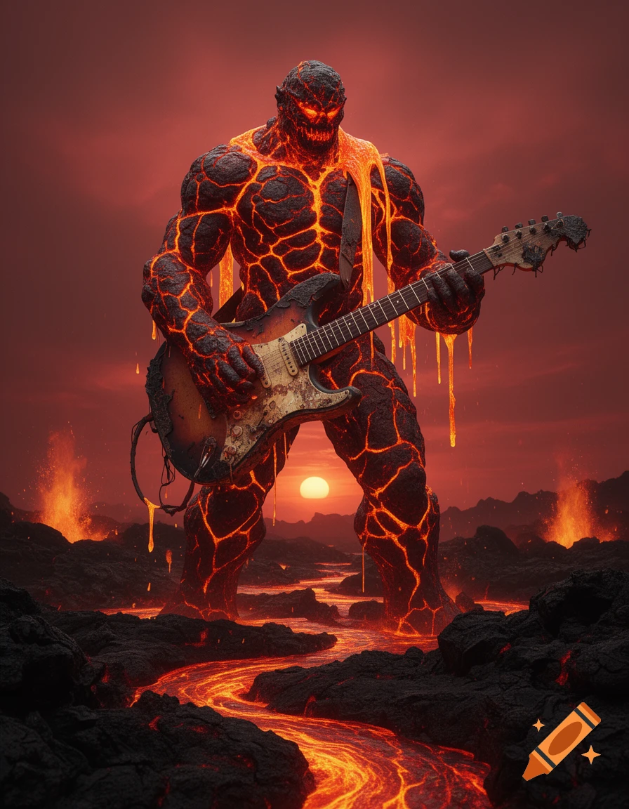 A detailed lava monster with glowing eyes plays an electric guitar in a fiery, volcanic landscape under a red sky.